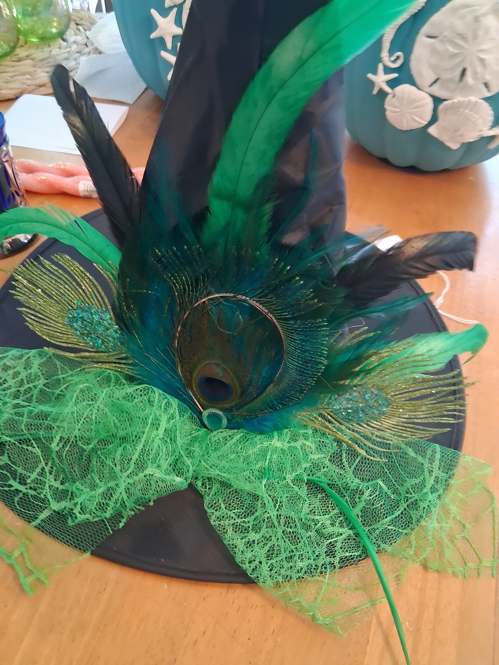 Peacock Feather Accent Witch Hat - Green